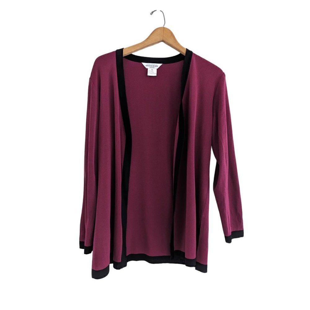 Misook Open Front Knit Cardigan Burgundy Black Trim